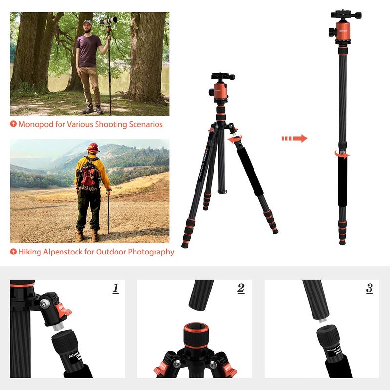 GEEKOTO 79 inches Carbon Fiber Camera Tripod Monopod with 360 Degree Ball Head 1/4 inch Quick Shoe Plate Professional Tripod Load up to 26.5 pounds - Image 4